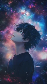 Profile view of youth silhouette against dense galaxy field.