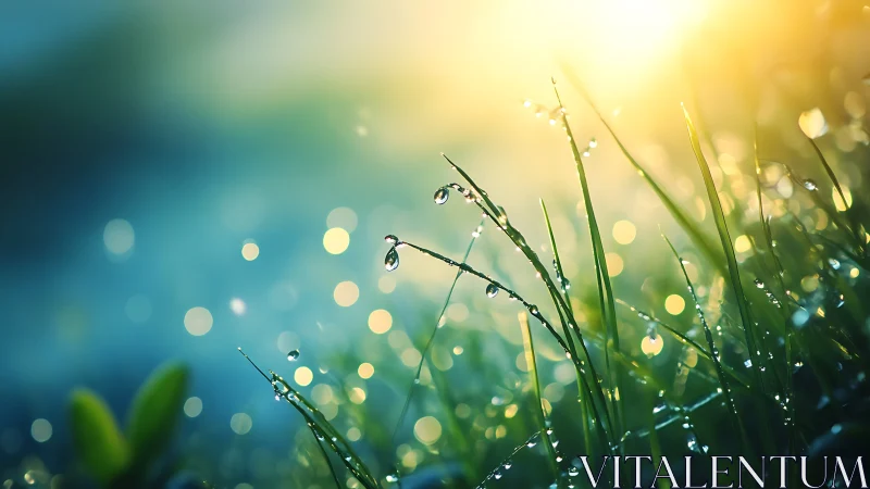 Macro dew-covered grass blades catch low-angle sunrise bokeh light