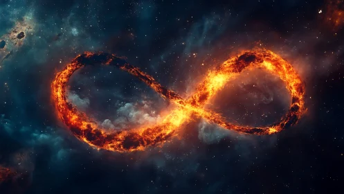 Fiery infinity symbol is rendered within deep space nebula