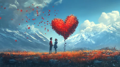 Two Figures Beneath Fractured Heart Sculpture in Alpine Valley