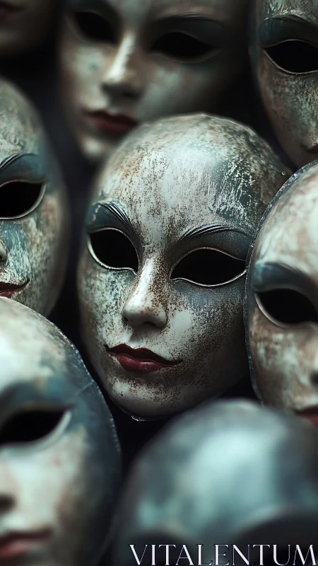Weathered Venetian masks clustered in dark vignette.