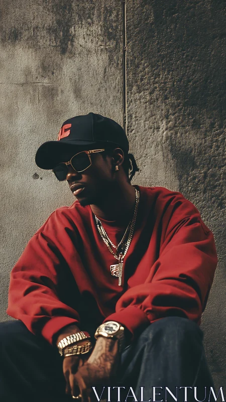 Streetwise calm in gold chains and deep red sweatshirt.