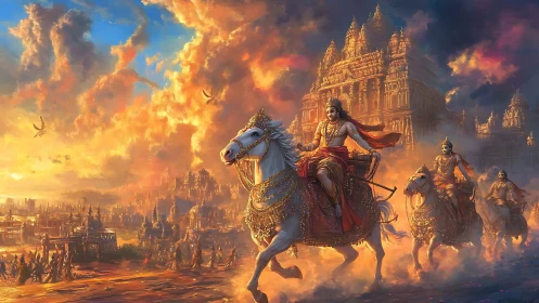 Warriors ride ornate horses before glowing temple city