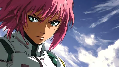 Pink haired anime soldier with intense stare under sky.