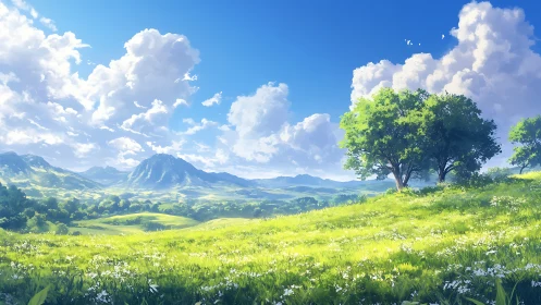 Sunlit meadow kingdom beneath towering daydream clouds.