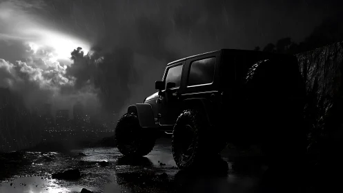 Off-road SUV silhouette dominates stormy nocturnal city overlook
