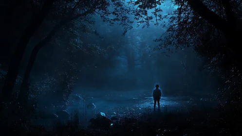 Solitary child stands in moonlit forest clearing at night