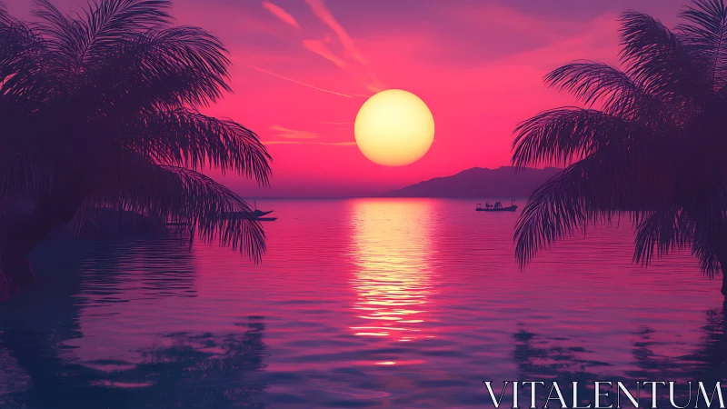 Neon sun sinks over tranquil tropical bay at dreamy dusk