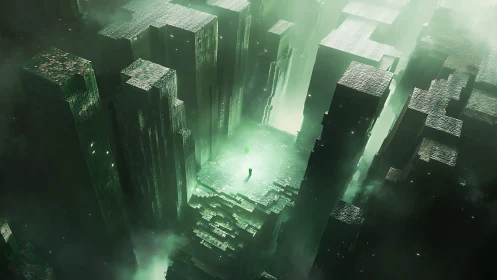 Lone figure stands on glowing platform amid tall green blocks