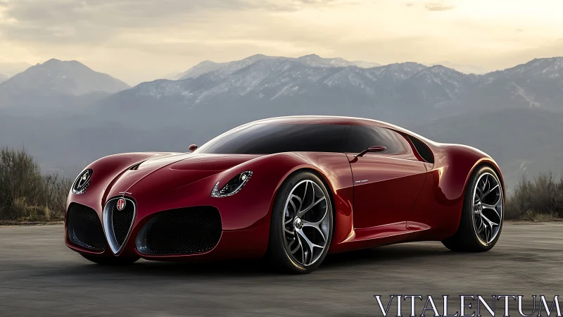 Red supercar concept on mountain highway at sunset.