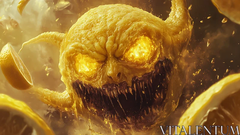 Ferocious citrus monster bursts from glowing lemon chaos