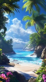 Tropical cove reveals turquoise surf under bright midday sun