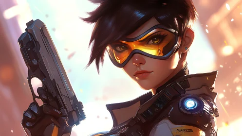 Neon-gaze time agent aims forward through ember-lit streets.