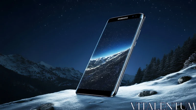 Starry smartphone screen rises over a calm winter mountain night