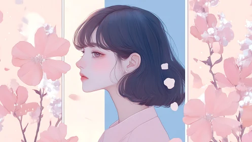 Pastel side-profile portrait with pink blossoms and blue field