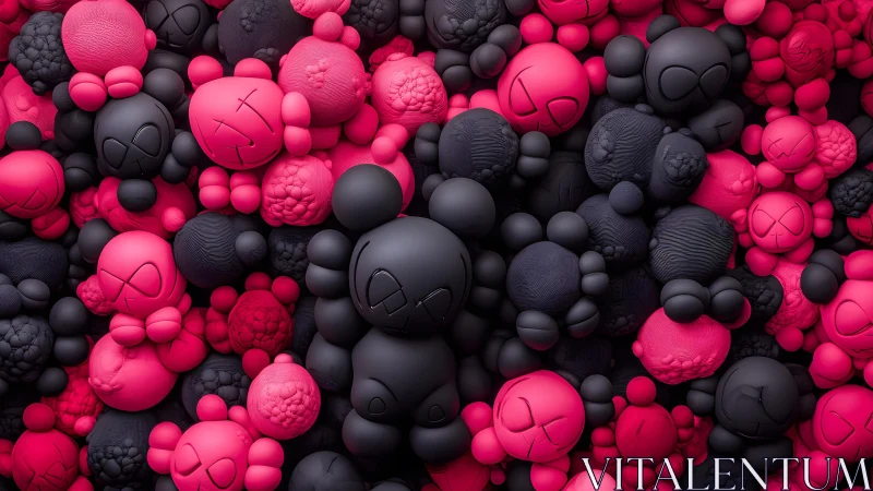 Dense cluster of stylized matte-sphere figures in dual neon palette