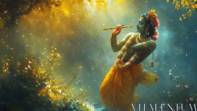 Divine flute player glows in golden mystical forest light.