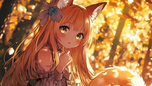 Fox-eared anime girl in warm glowing forest setting.
