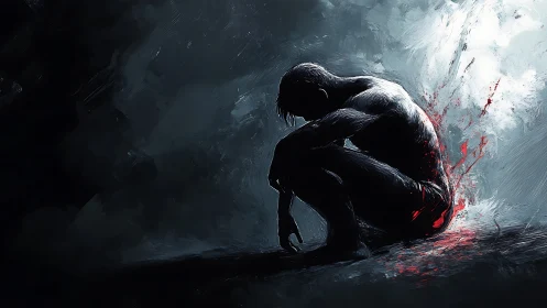 Wounded figure resting in shadowed, stormy light.