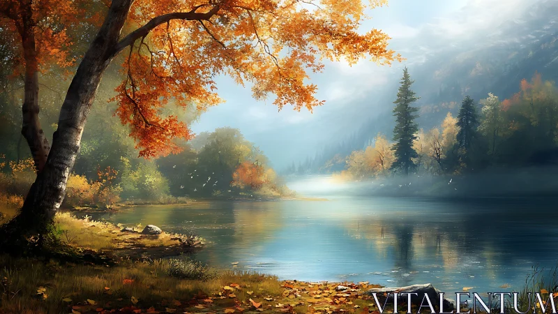 Autumn river valley glows softly beneath morning mist.