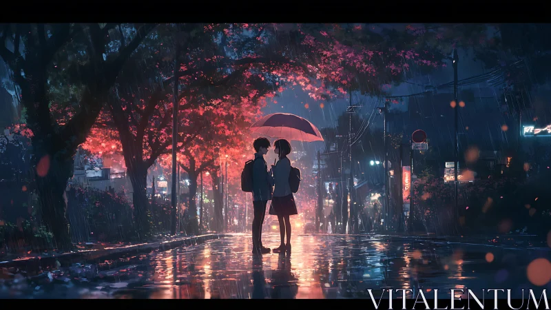Romantic students share an umbrella on a glowing rainy street.