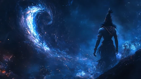 Mythic blue figure facing swirling cosmic vortex at night.