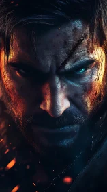 Close digital portrait of battle-worn male face with scars.