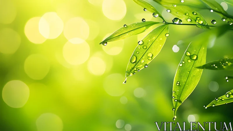 Fresh green leaves with water droplets against bright bokeh.