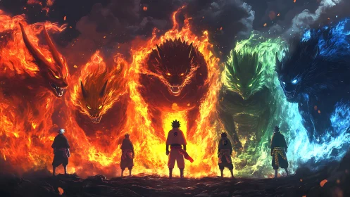 Elemental beast lineup faces cloaked warriors in firestorm.