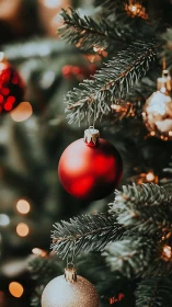 Red and gold ornaments glow softly on a Christmas tree.