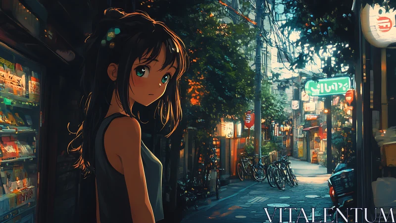 Lanternlit alley pause with soft eyed anime wanderer.
