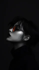 Side profile portrait with red reflective sunglasses in dark.