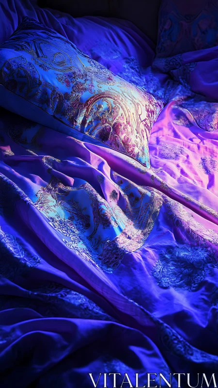 Iridescent brocade bedding under saturated blue-magenta light.