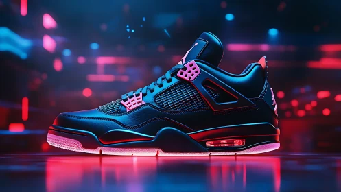 Neon-lit basketball sneaker side profile in futuristic studio