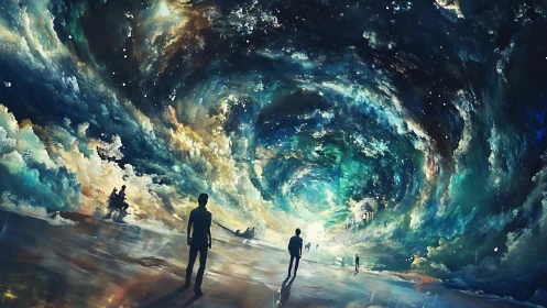 People stand beneath a swirling celestial vortex in sky