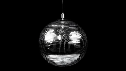 Chrome disco ball glows against deep black background.