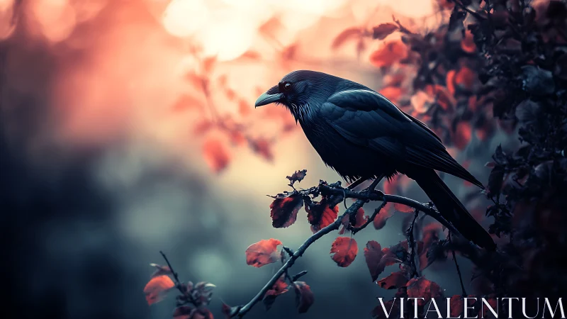 Black Crow Perched on Autumn Berry Branch at Dusk