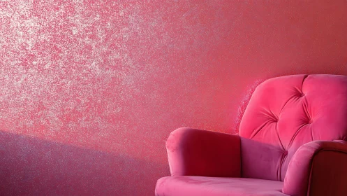 Pink velvet armchair against textured glitter wall.