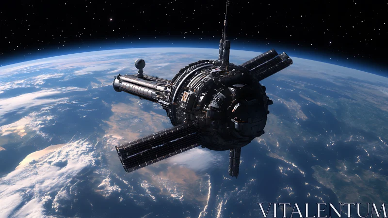 Orbital citadel drifts above Earth in luminous starlit silence.