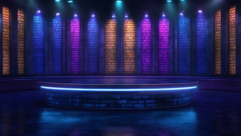 Circular stage with multicolored brick wall lighting backdrop.