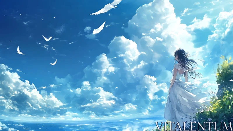 Anime girl overlooks bright sky with soaring white birds.