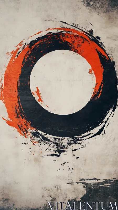 Abstract red and black circular brushstroke on aged wall.