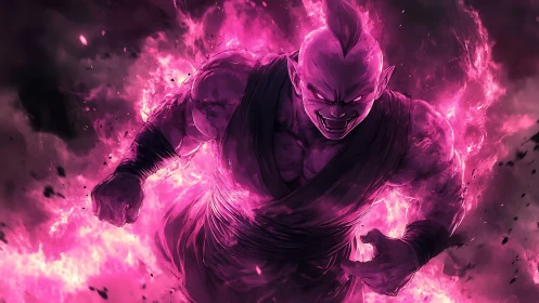 Battle-ready pink energy warrior rendered in dynamic anime flame