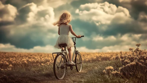Girl on bicycle in field under clouds.