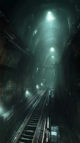 Underground rail tunnel interior with wet tracks at night.