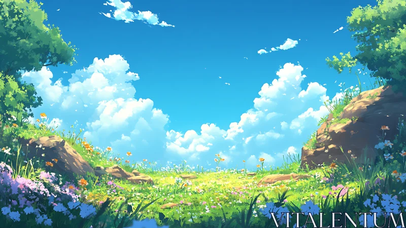 Sunlit wildflower meadow under vivid summer sky. Period.