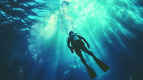 Solitary scuba diver ascends through radiant turquoise light