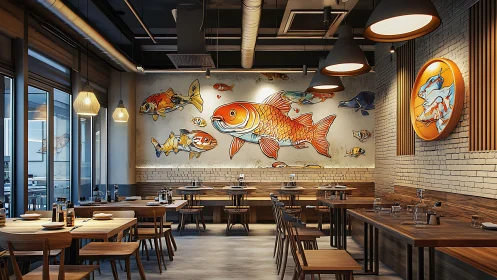 Contemporary seafood restaurant interior with koi mural