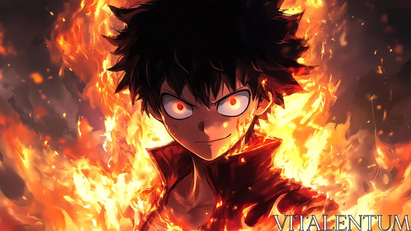 Fiery anime warrior emerges from roaring inferno blaze.