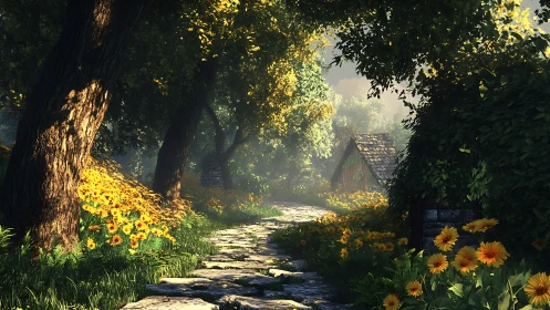 Sunlit stone path winding toward rustic woodland cottages.